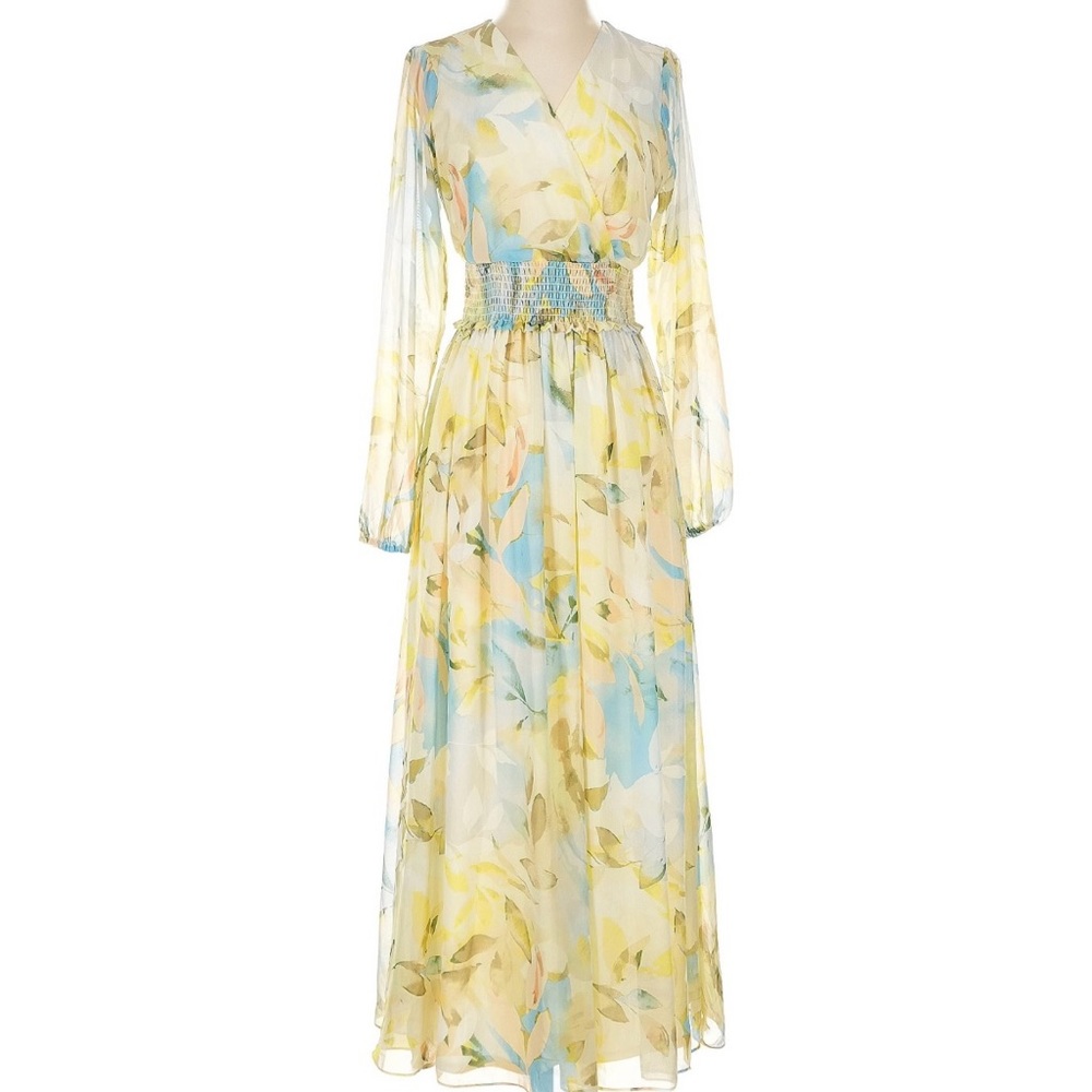 Laundry By Shelli Segal Blue and Yellow V-Neck Bishop Sleeve Sundress